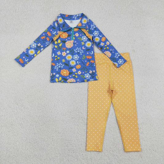 GLP2736 Flower Blue Long Sleeve Orange Dots Pants Girls Yoga Sets 202512 RTS