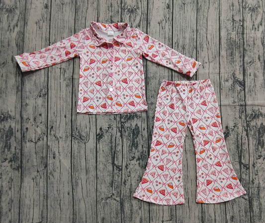 Preorder GLP2738 Christmas Pink Polo Button Long Sleeve Pants Girls Pajamas Set 202508
