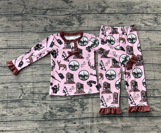 NO MOQ Preorder GLP2741 Hunting Clothes Brown Ruffle Pink Long Sleeve Pants Girls Pajamas Set 202511