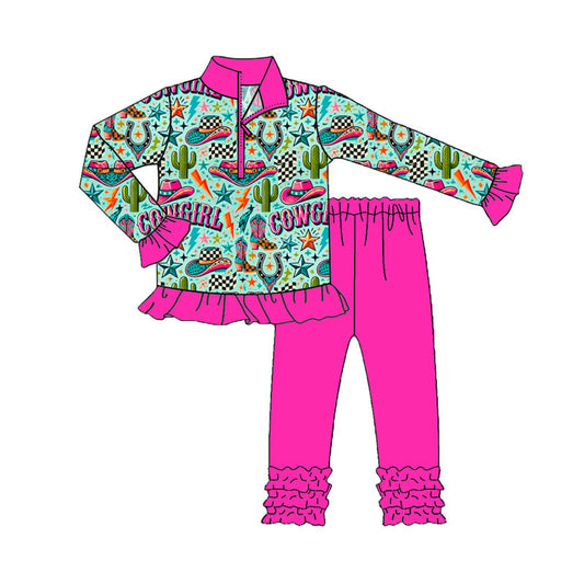 Preorder GLP2744 Hat Cactus Cowgirl Rose Red Ruffle Zipper Collar Long Sleeve Pants Girls Set 202508