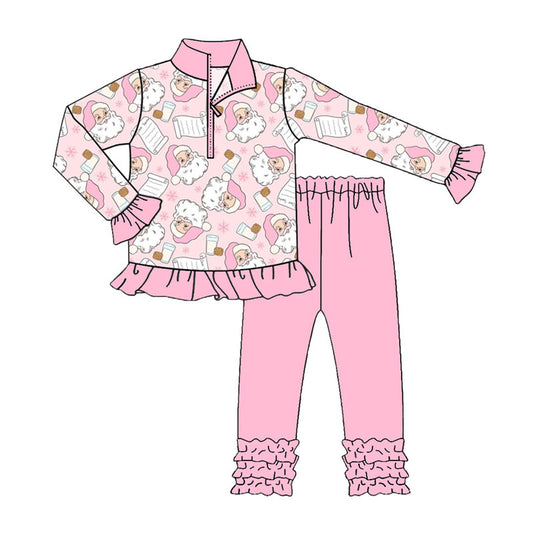 Preorder GLP2750 Christmas Santa Claus Zip up Collar Pink Ruffle Long Sleeve Pants Girls Set 202508