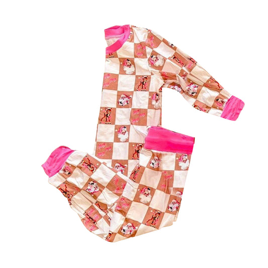 Preorder GLP2754 Christmas hohoho Santa Claus Deer Plaid Long Sleeve Pants Girls Pajamas Set 202508