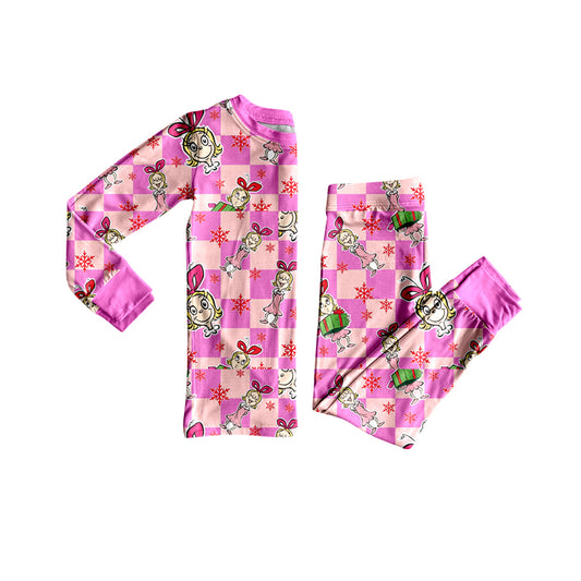 Preorder GLP2758 Christmas Girl's Gift Snowflake Rose Red Long Sleeve Pants Girls Pajamas Set 202508