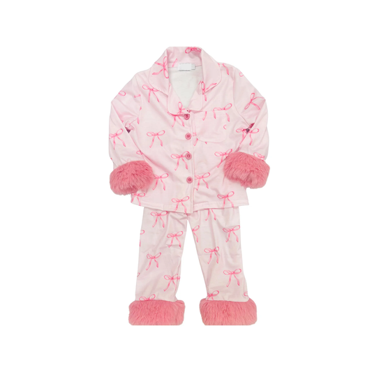 Preorder GLP2764 Bows Pattern Plush Pink Long Sleeve Pants Girls Pajamas Sets 202508