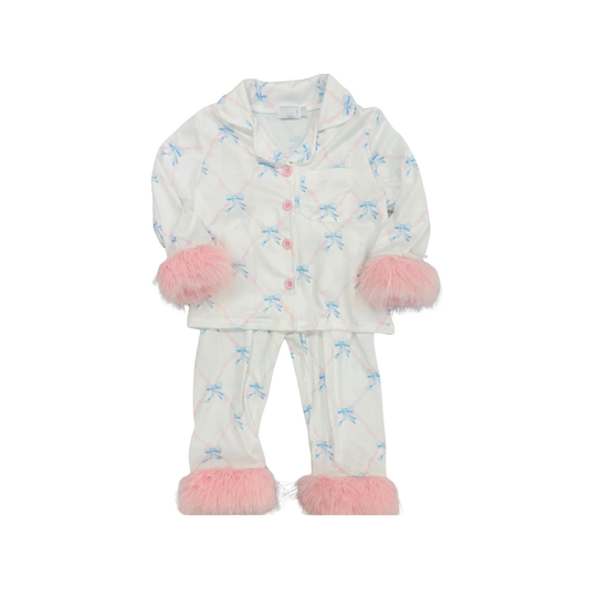 Preorder GLP2765 Bows Pattern Pink Plush White Long Sleeve Pants Girls Pajamas Sets 202508