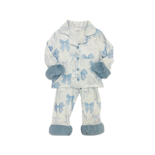 Preorder GLP2766 Bows Pattern Gray Blue Plush White Long Sleeve Pants Girls Pajamas Sets 202508