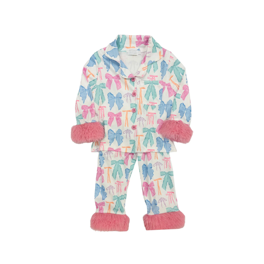 Preorder GLP2767 Colored Bows Pattern Pink Plush White Long Sleeve Pants Girls Pajamas Sets 202508