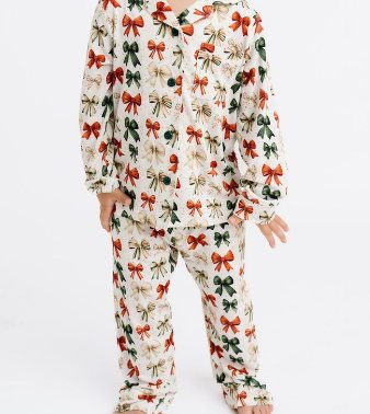 Preorder GLP2768 Christmas Bows Pattern Long Sleeve Pants Girls Pajamas Sets 202508