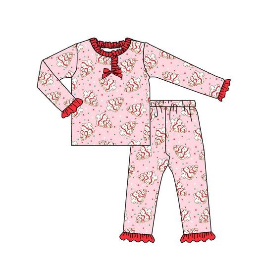 Preorder GLP2769 Christmas Tree Cookie Red Ruffle Long Sleeve Pants Girls Pajamas Set 202508