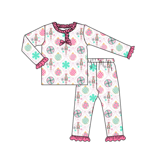 Preorder GLP2769 Christmas Nutcracker Lollipop Bow Rose Red Ruffle Long Sleeve Pants Girls Pajamas Set 202508