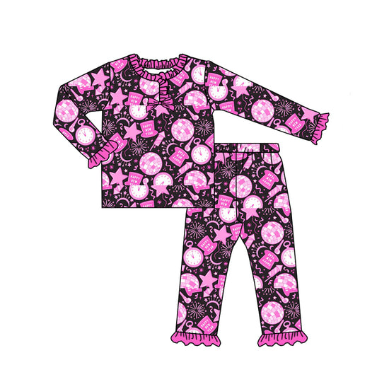 Preorder GLP2771 Happy New Year Rose Red Ruffle Long Sleeve Pants Girls Pajamas Set 202508