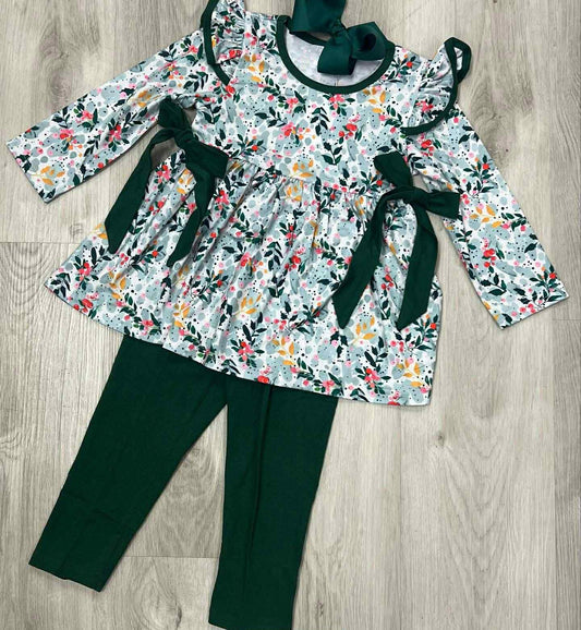 MOQ 8 Preorder GLP2775 Floral Bows Ruffle Dark Green Long Sleeve Pants Girls Set 202508