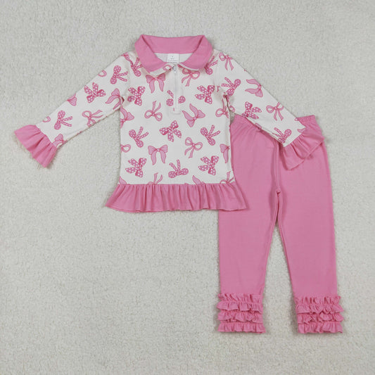 GLP2778 Bow Pattern Rose Red Ruffle Zip up Collar Long Sleeve Pants Girls Set 202509 RTS
