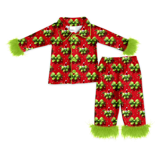 MOQ 8 Preorder GLP2785 Adult Female Christmas Bows Green Plush Long Sleeve Pants Pajamas Sets 202508