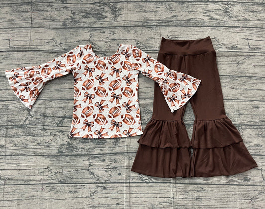 NO MOQ Preorder GLP2787 Rugby Bows Brown Flare Long Sleeve Bell Bottom Pants Girls Set 202511