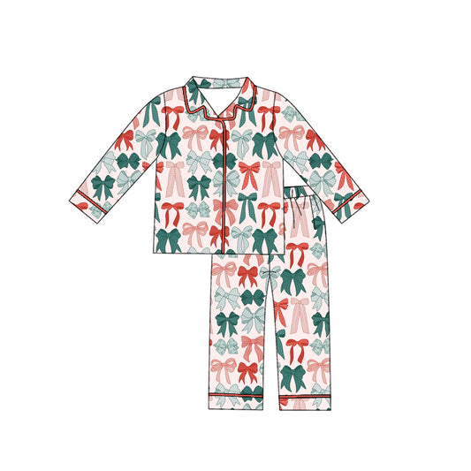 MOQ 8 Preorder GLP2788 Red Green Bows Pattern Polo Button Long Sleeve Pants Girls Pajamas Set 202509