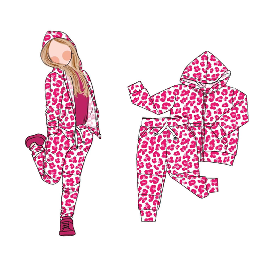 GLP2790-XS-3XL 2 PCS Rose Red Flower Zipper Hooded Long Sleeve Pants Girls Set 202510 RTS