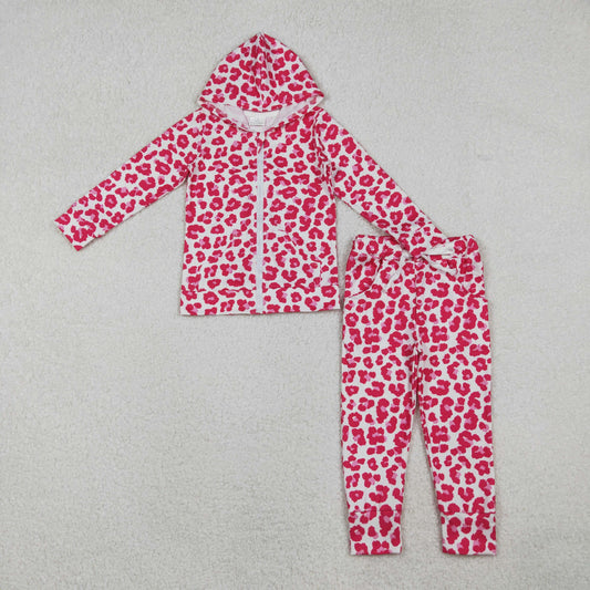 GLP2790-XS-3XL 2 PCS Rose Red Flower Zipper Hooded Long Sleeve Pants Girls Set 202510 RTS