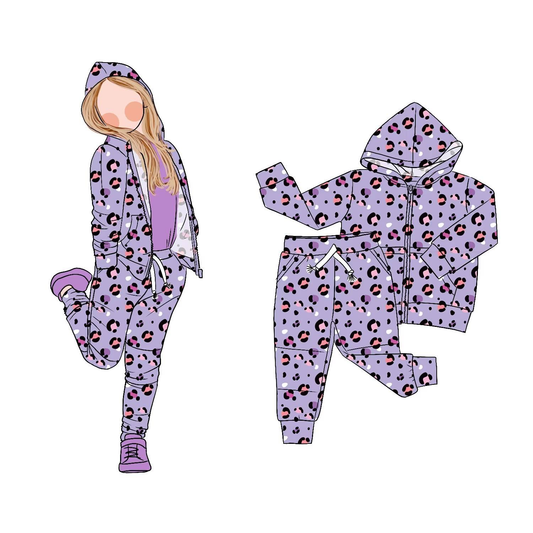 MOQ 8 Preorder GLP2791 2 PCS Leopard Purple Zipper Hooded Long Sleeve Pants Girls Set 202509