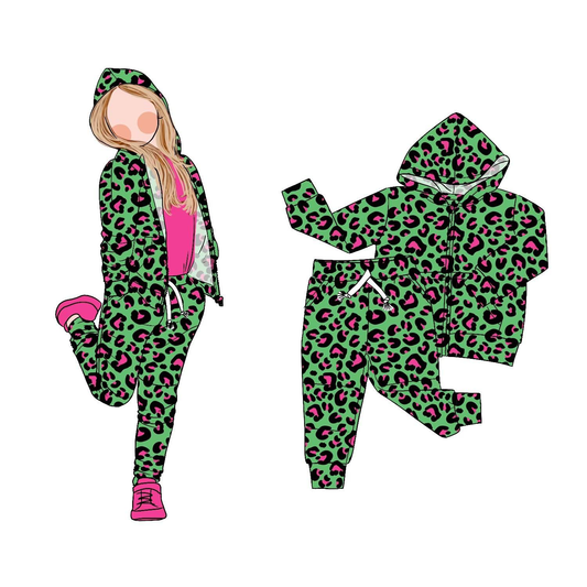 MOQ 8 Preorder GLP2792 2 PCS Leopard Green Zipper Hooded Long Sleeve Pants Girls Set 202509