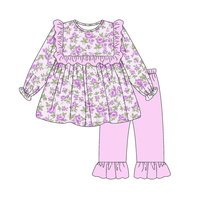 MOQ 8 Preorder GLP2795 Flower Pink Purple Ruffle Long Sleeve Pants Girls Set 202509