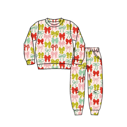 MOQ 8 Preorder GLP2804 Colored Bows Long Sleeve Pants Girls Pajamas Set 202509