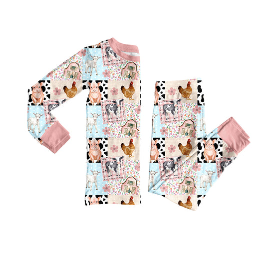 MOQ 8 Preorder GLP2805  Chicken Pig Farm Animals Pattern Pink Long Sleeve Pants Girls Pajamas Set 202509 Siblings