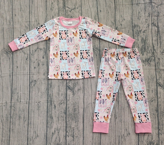 NO MOQ Preorder GLP2805  Chicken Pig Farm Animals Pattern Pink Long Sleeve Pants Girls Pajamas Set 202511 Siblings