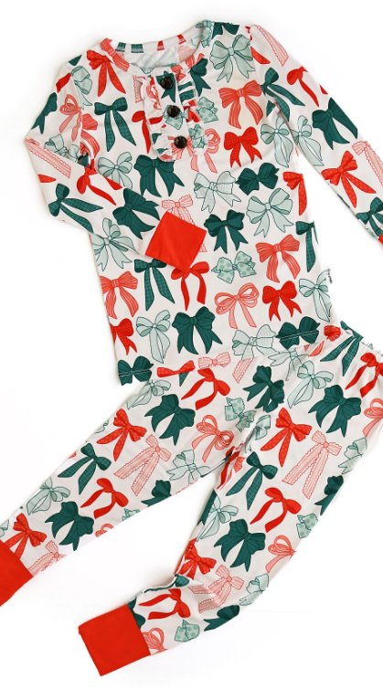 MOQ 8 Preorder GLP2809 Christmas Red Green Bows Long Sleeve Pants Girls Pajamas Set 202509