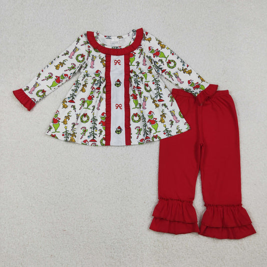 GLP2812 Embroidered Christmas Light Ball Bow Pattern Red Ruffle Long Sleeve Pants Girls Set 202510 RTS