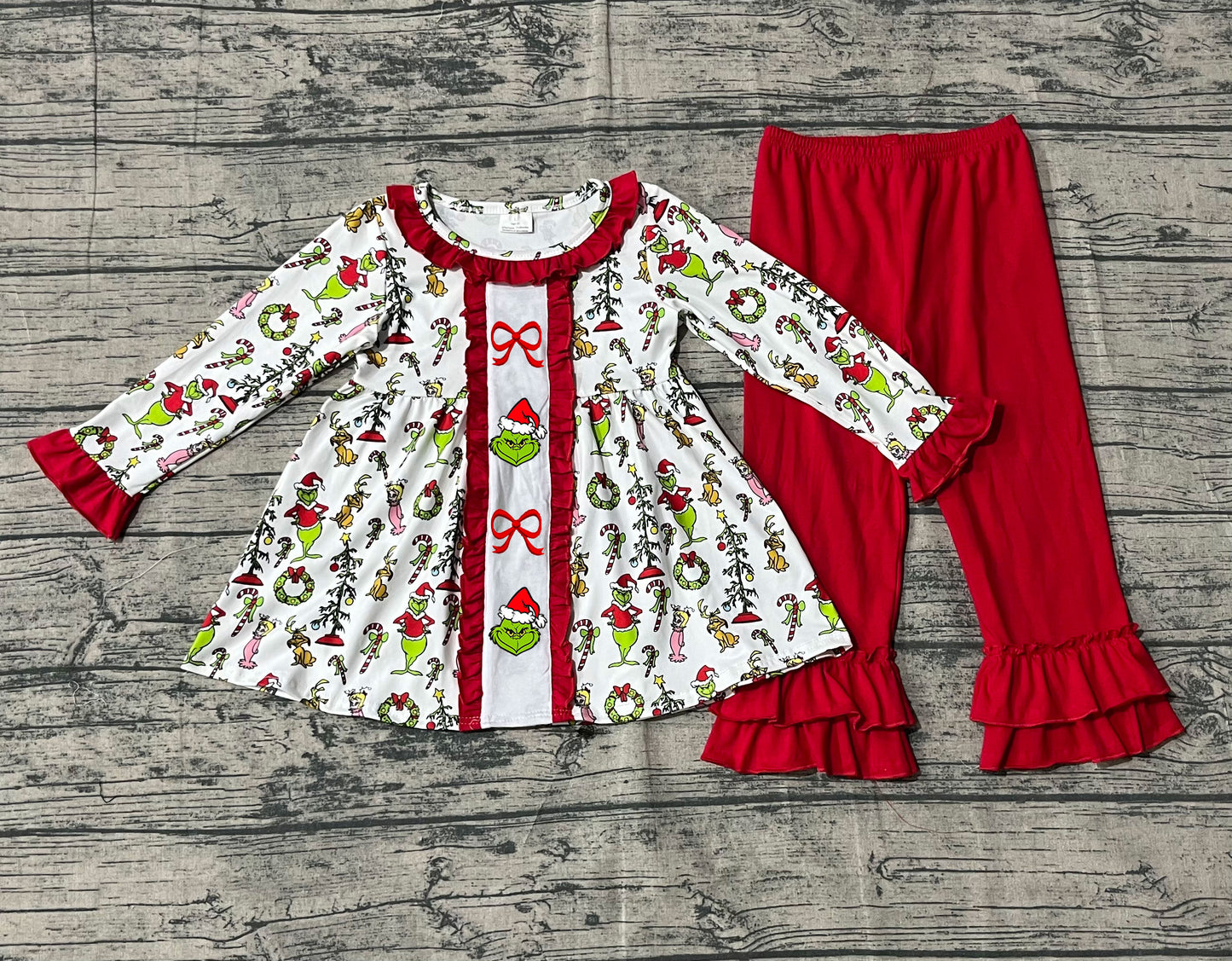 GLP2812 Embroidered Christmas Light Ball Bow Pattern Red Ruffle Long Sleeve Pants Girls Set 202510 RTS