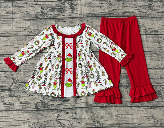 GLP2812 Embroidered Christmas Light Ball Bow Pattern Red Ruffle Long Sleeve Pants Girls Set 202510 RTS