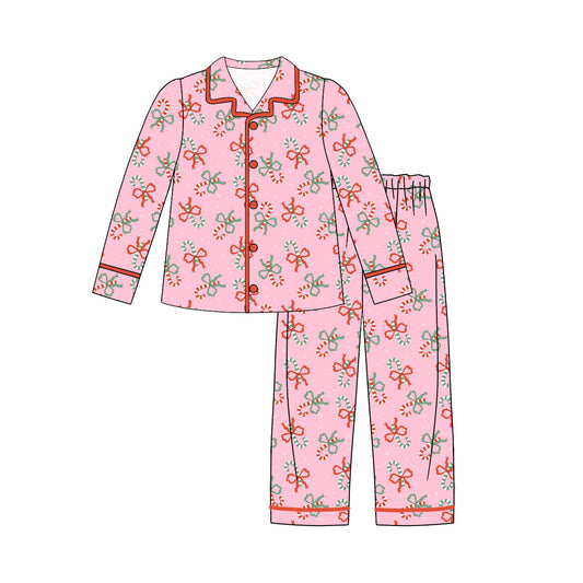 MOQ 8 Preorder GLP2814 Adult Female Christmas Cane Red Button Long Sleeve Pants Pajamas Sets 202509