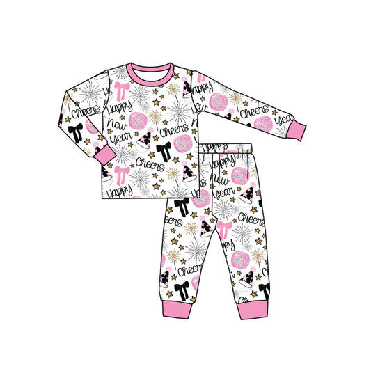 MOQ 8 Preorder GLP2818 Happy New Year Pink Long Sleeve Pants Girls Pajamas Set 202509