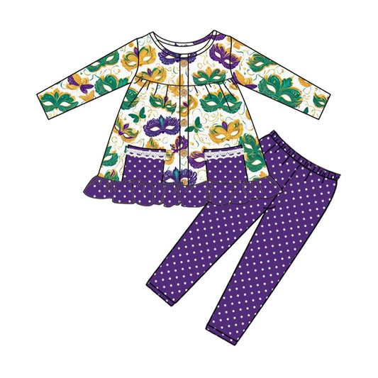 MOQ 8 Preorder GLP2821 Mardi Gras Mask Glasses Purple Dots Ruffle Long Sleeve Pants Girls Set 202509