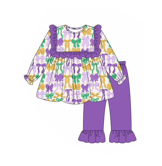 MOQ 8 Preorder GLP2822 Mardi Gras Bows Purple Ruffle Long Sleeve Pants Girls Set 202509