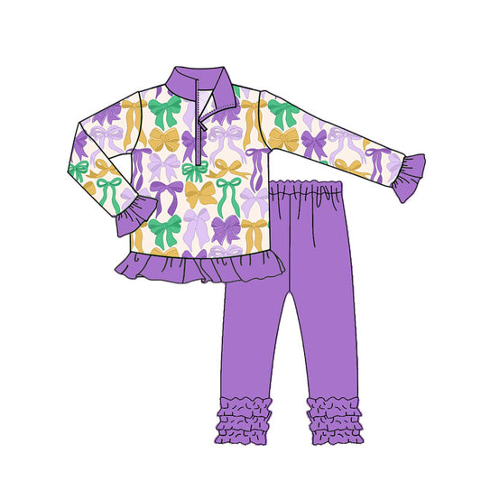 MOQ 8 Preorder GLP2823 Mardi Gras Bows Purple Ruffle Zip Collar Long Sleeve Pants Girls Set 202509