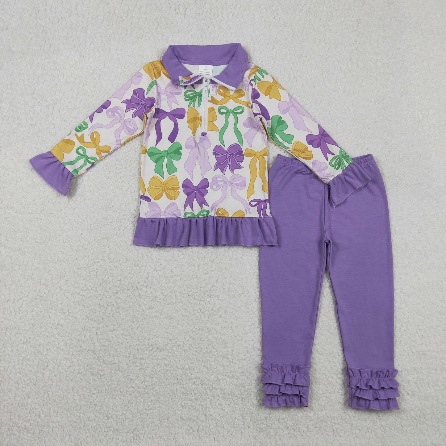 GLP2823 Mardi Gras Bows Purple Ruffle Zip Collar Long Sleeve Pants Girls Set 202511 RTS