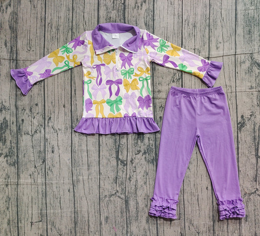 NO MOQ Preorder GLP2823 Mardi Gras Bows Purple Ruffle Zip Collar Long Sleeve Pants Girls Set 202511