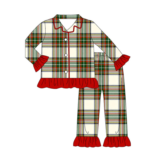 MOQ 8 Preorder GLP2827 Adult Female Red Green Plaid Ruffle Long Sleeve Pants Pajamas Sets 202509