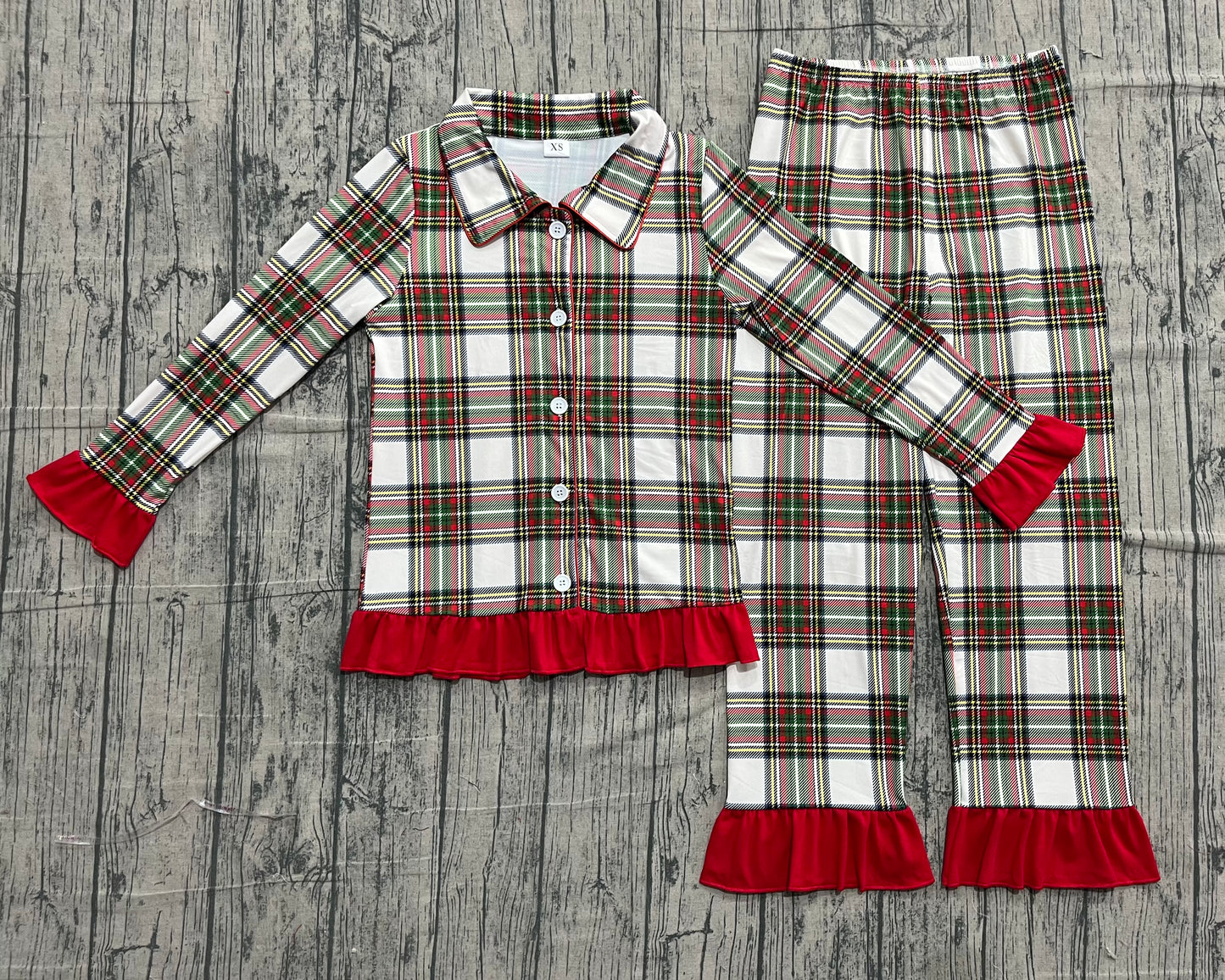 NO MOQ Preorder GLP2827 Adult Female Red Green Plaid Ruffle Long Sleeve Pants Pajamas Sets 202510