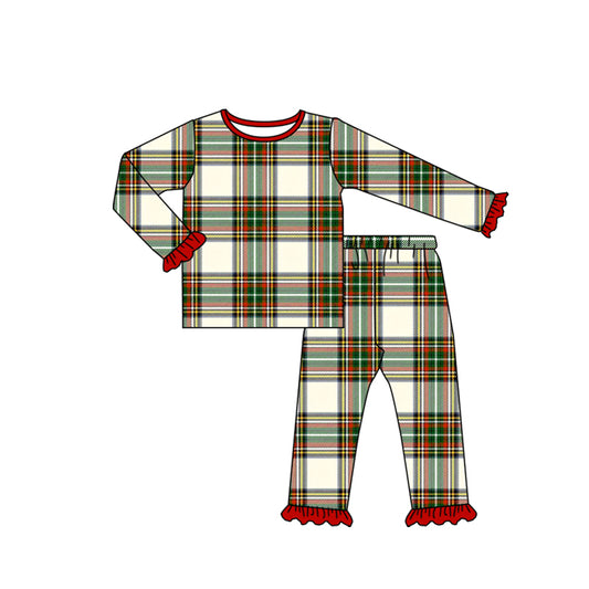 MOQ 8 preorder GLP2829 Red Green Plaid Ruffle Long-Sleeved Pants Girls Pajamas Set 202509