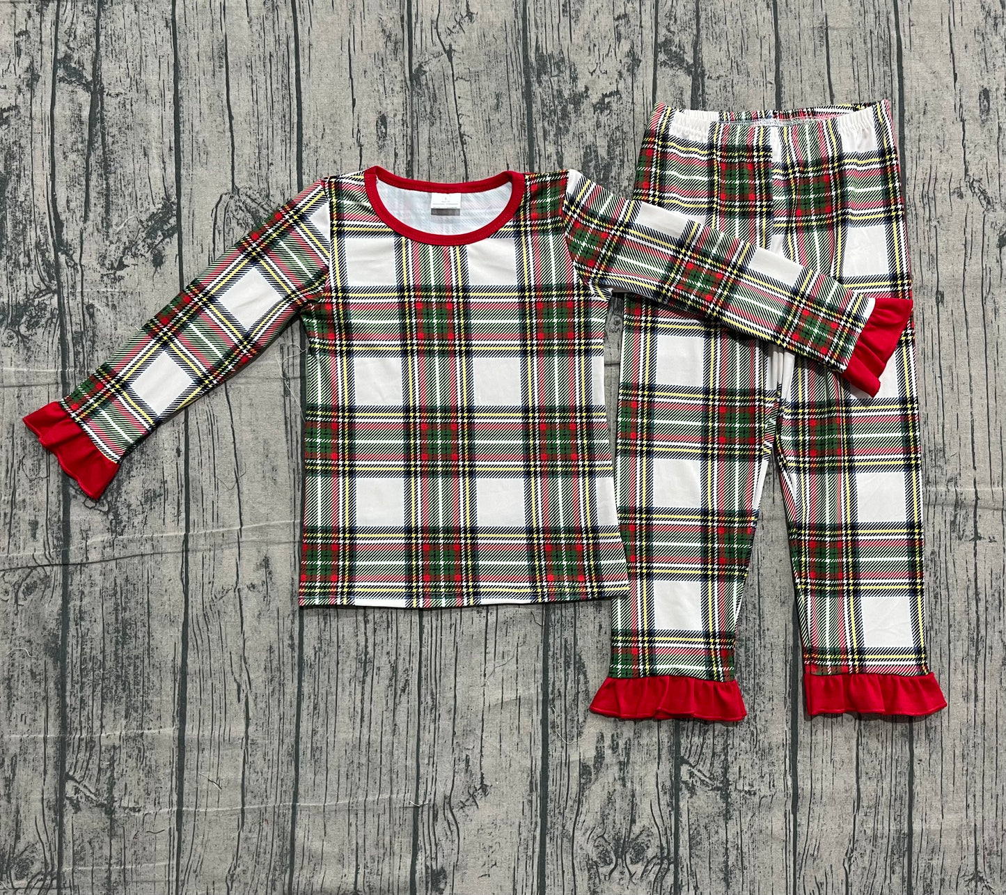 NO MOQ preorder GLP2829 Red Green Plaid Ruffle Long-Sleeved Pants Girls Pajamas Set 202510