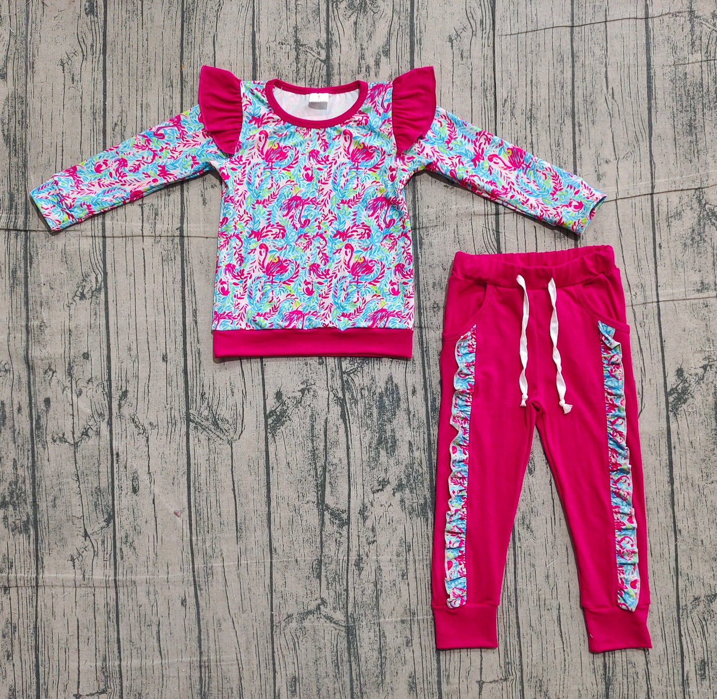 NO MOQ preorder GLP2831 Flower Rose Red Ruffle Long-Sleeved Pants Girls Set 202511