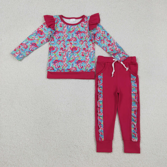 GLP2831 Flower Rose Red Ruffle Long-Sleeved Pants Girls Set 202511 RTS