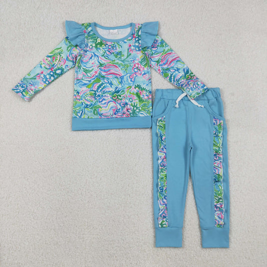 GLP2832 Flower Blue Green Ruffle Long-Sleeved Pants Girls Set 202512 RTS