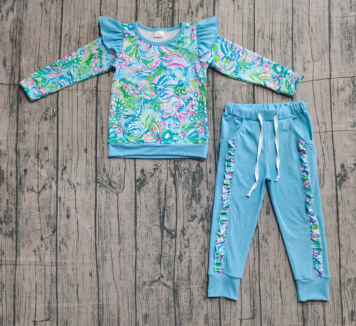 NO MOQ preorder GLP2832 Flower Blue Green Ruffle Long-Sleeved Pants Girls Set 202511