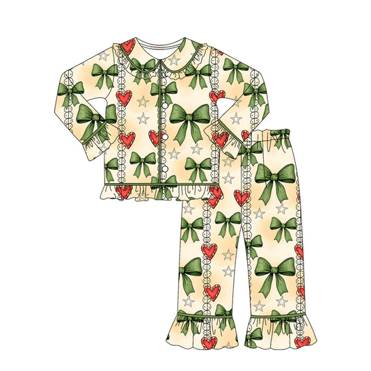 MOQ 8 Preorder GLP2833 Green Bows Love Ruffle Doll Collar Long Sleeve Pants Girls Pajamas Set 202509