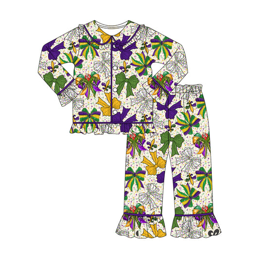 MOQ 8 Preorder GLP2835 Mardi Gras Bows Ruffle Doll Collar Long Sleeve Pants Girls Pajamas Set 202509
