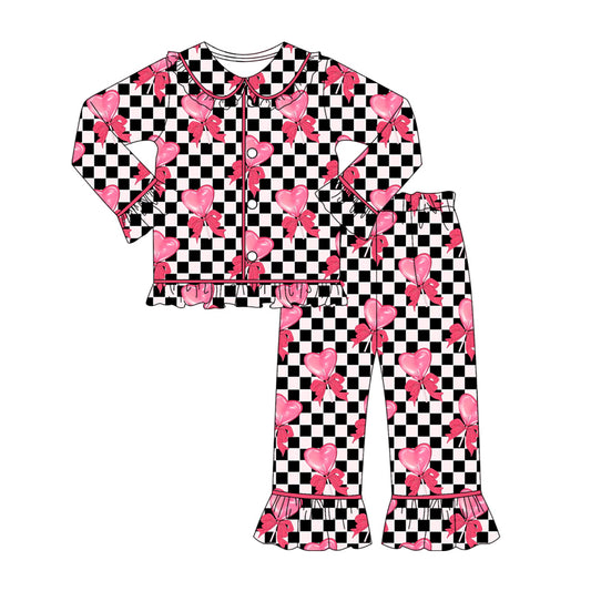MOQ 8 Preorder GLP2836 Valentine's Day Love Bows Plaid Ruffle Doll Collar Long Sleeve Pants Girls Pajamas Set 202509
